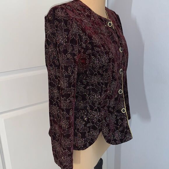 R&K Evenings Velvet Red Sparkly Floral Blazer - Picture 2 of 6